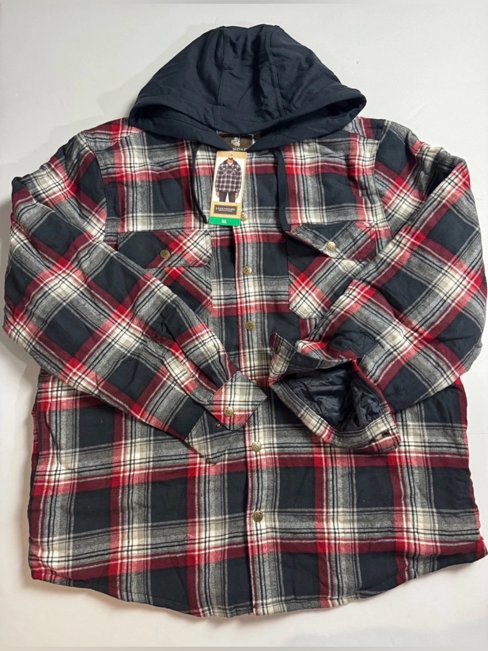 Legendary Outfitters Men's Flannel Shirt Jacket Red Blue Plaid Lined Hood XL